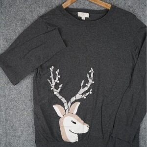 LOFT Outlet Pullover Sweater Womens L Charcoal Grey Deer Graphic Intarsia Knit